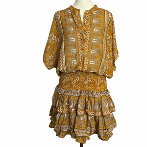 Jaase Boho Tiered Mustard Yellow Tiered Mini Dress Size M Short Sleeve Festival